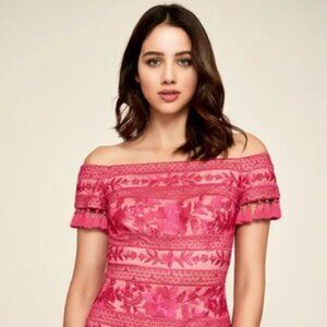 TADASHI SHOJI Roxy Off The Shoulder Tassel Dress Hot Pink Floral Lace Mesh